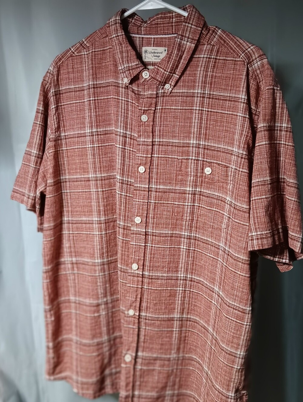 Weatherproof Vintage Men's XL Washable Linen Short Sleeve Dusty Red Plaid